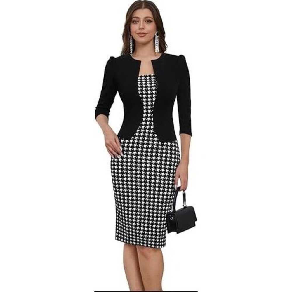 Business Elegant Geometric Floral Print 2 In 1 Dress Large
